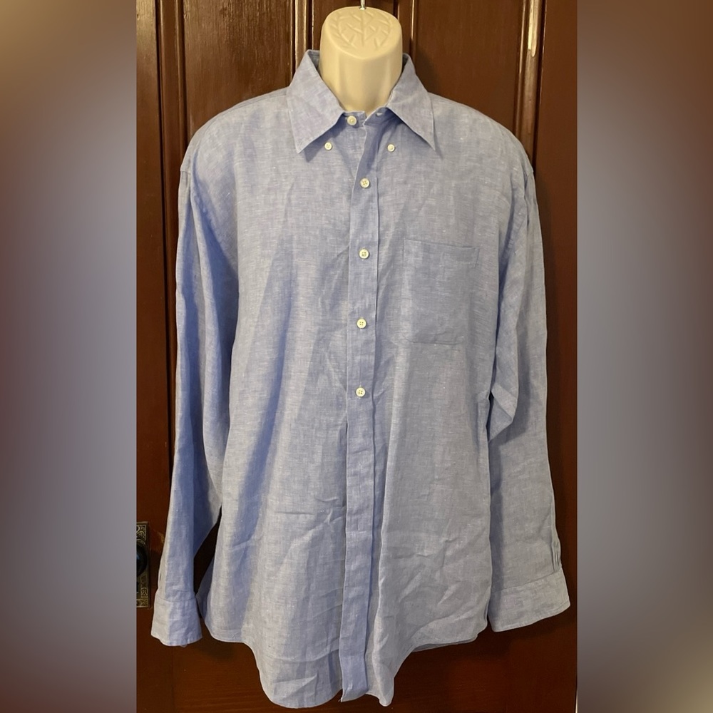 Brooks Brothers Shirt Mens XL Blue 346 100% Linen Button Down Shirt Sleeve Blue
